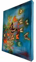 Buy Lily Greenwood Original Art Painting Canvas Butterflies On Turquoise Blue 14x18” • 375£