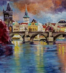 Buy YARY DLUHOS Prague City Night Charles Bridge Cityscape Original Art Oil Painting • 420.52£