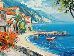 Buy Italian Summer Seascape Coastal Art, Oil Painting, Printable, Decor, Wall Art • 1.04£