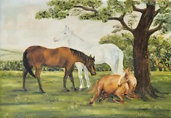 Buy Horses Under An Oak Tree Naive Art Vintage MCM Oil Painting Signed Reg Hall 1981 • 22£