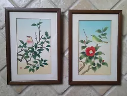 Buy Pair,  Original Watercolour Paintings Of Birds & Flowers. Framed In Wood. Signed • 29.95£