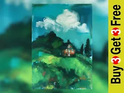 Buy Serene Retreat: 5x7 Red House With Cloud On Hill Acrylic Painting Print • 4.99£