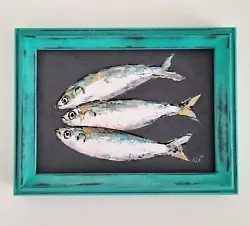 Buy Original Oil Painting Still Life Artwork Fish Sardines Food Kitchen Art Framed • 40£