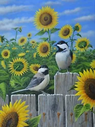 Buy Art, Painting, Chickadees, Sunflowers, Yellow, Flowers, Landscape, Birds, Bird  • 567£
