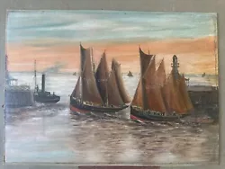 Buy Old Oil Painting On Board Lowestoft Fishing Boats Dated 1906 • 100£