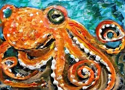 Buy ORIGINAL ACEO Painting Orange OCTOPUS Sea Ocean Squid Fish Marine 8 Legs ATC ART • 12.60£