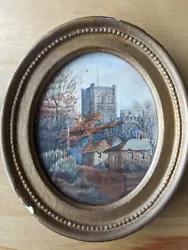 Buy Antique Oval Watercolour Country Church Scene Painting With Oval Gold Gilt Frame • 35£