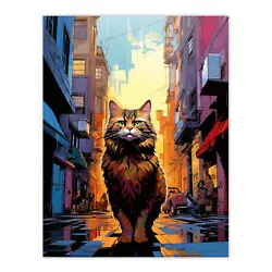 Buy Street Cat Lover Gift Pet Portrait City Sunset Painting Wall Art Poster Print • 15.99£