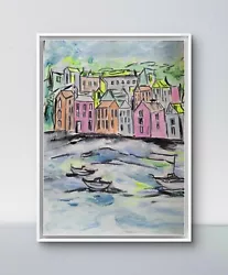 Buy HANDPAINTED A4 Modern Abstract Acrylic Colourful Harbour Signed UNFRAMED • 14.99£