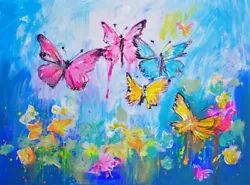 Buy BUTTERFLIES And FLOWERS Acrylic Painting Canvas 30x40cm By Artist Ray Statter #1 • 29.99£