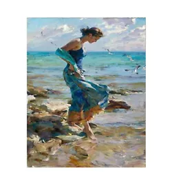 Buy AA432 Art Decor People Oil Painting Girl On The Beach Hand-painted Unframed 36  • 45.44£