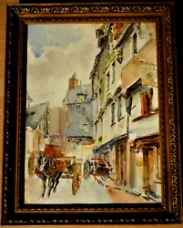Buy ORIGINAL WATERCOLOR: Animated Street In BRETAGNE.Framed. Antique. • 33.83£