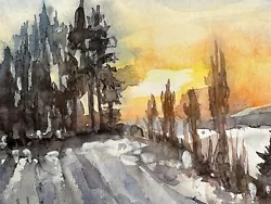 Buy Original Watercolor Painting A4 Sunset Winter Forest Snow Field Gift Christmas • 39.31£