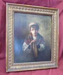 Buy F.R.Riedl Girl With Drum Portrait 21  X 25  Vintage Oil Painting W/Gilt Frame • 60£