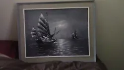 Buy Ships At Sea Painting. Black And White Oil. Frame Size 29 By 23.  • 45.48£