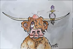 Buy Highland Cow Original Water Colour Painting, 'Hair Today', 18x27cm With Cert • 15£