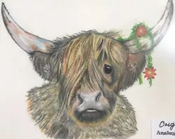Buy Cute Flowery Highland Cow Original Art Work In Coloured Pencil /paint • 69£