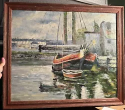Buy Lg Antique Vtg Oil Painting Canvas Impressionist Artist Signed Ship Harbor • 592.44£