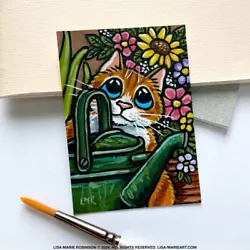 Buy Original ACEO Painting Ginger Tabby Cat Watering Can, Art By Lisa Marie Robinson • 8£