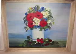 Buy Beautiful Antique Folk Art Painting STRAWBERRIES - RED POPPY & DAISY FLOWERS • 111.21£