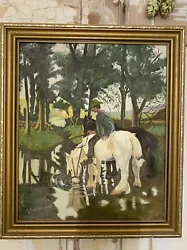 Buy GOOD  LOOK Naive 1980/90s Country  Painting On Canvas BAREBACK FARMER  HORSES • 38.78£