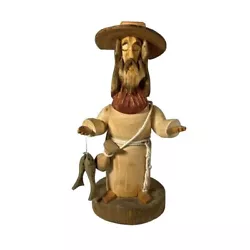 Buy Signed Pete Ortega Folk Art Wood Wooden Sculpture Jesus With Fish - Broken Hat • 354.37£