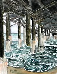 Buy Cocoa Beach Fishing Pier Florida Art Print Watercolor Painting Piers FL Seascape • 28.34£