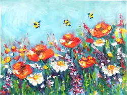 Buy Abstract Landscape Oil Painting. Poppy Field, Flowers, Bee Painting. Without Frame.19х15 Cm • 31.48£