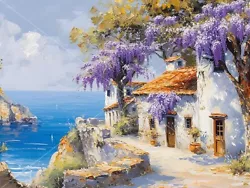 Buy Mediterranean Coastal Wisteria Village Oil Painting, Printable, Decor, Wall Art • 1.04£