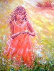 Buy ACEO Print SUNNY MEADOW Girl Child Children Sun Flowers Chamomiles  Oil By EMMA • 6.42£