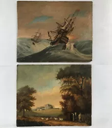 Buy A Pair Of British Naive Antique Oil Paintings On Panel. Marine & Landscape 1800s • 149.99£