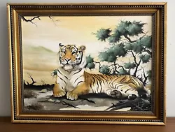 Buy Painting Vintage Oil On Canvas Tiger Signed Framed Size 78cm X 54cm • 39.99£