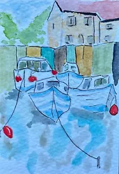 Buy Original Watercolour ACEO Of Boats In Harbour. Pen And Wash Original Painting.. • 3£