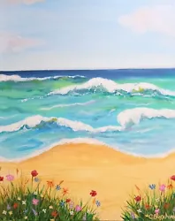 Buy Original Signed Colourful Acrylic Painting Flowers By The Beach 4 Canvas Board • 40£