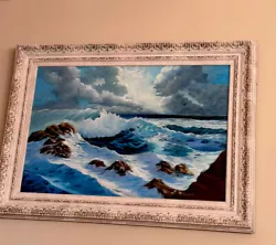 Buy Vtg 1950 Original Signed Oil Painting Detailed Ocean Waves And Clouds Rocks Rare • 250.42£