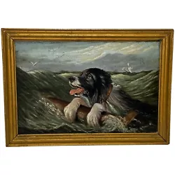 Buy Marine Oil Painting Saint Bernard Dog Swamped Shipwrecked Approaching New York • 8,500£
