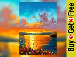 Buy Vibrant Sunset Lakeside Art Print 5  X 7  Matte Floral Landscape Painting • 4.49£