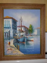 Buy  Oil Painting On Canvas Harbor Scene Framed Signed Billis 30 X 25 Cm • 14.99£