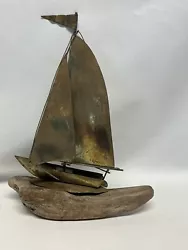 Buy Vintage Copper Brass Brutalist Metal Sailboat Sculpture Driftwood Mount • 20.67£