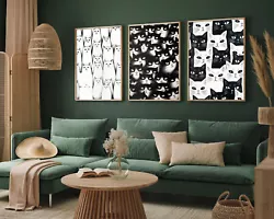 Buy Black And White Cats Pattern Set Of Three Art Print Painting Poster Cat Lover • 15£