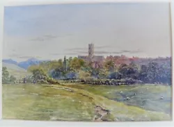 Buy Vintage Pastoral Watercolour With Distant Cathedral With Square Tower, Framed • 7.50£