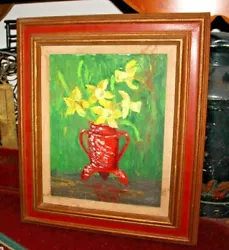 Buy Original Daffodil Oil Painting Canvas Red Vase Signed Kell Kodnell Shabby Chic  • 132.29£