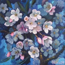 Buy Acrylic Painting On Panel Original Hand Made Art With White Flowers On Dark Blue • 53.75£