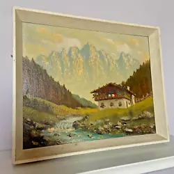 Buy Vintage Oil Painting Swiss Mountains Alps Chalet House • 35£