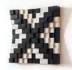 Buy Wood Handmade Black And White Minimalist Mosaic Decor. 3D Wall Sculpture, 17 In • 358.58£