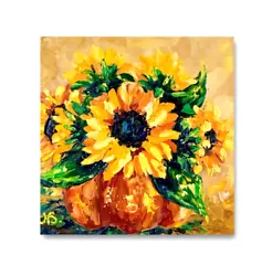 Buy Sunflowers Oil Painting Floral Original Art Flower Pumpkin Artwork 8x8 Inches • 99.22£
