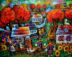 Buy Gorgeous AUTUMN VILLAGE Colorful UKRAINE SHTETL PAINTING Artist ARI ROUSSIMOFF • 5,118.71£