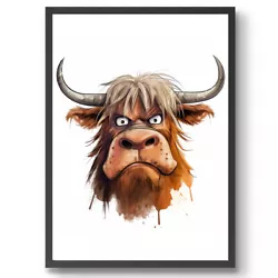 Buy Grumpy Highland Cow Watercolour Farm Animal A4 - A3 Print Picture Splash Gift • 4.99£