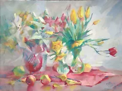 Buy Lilies Yellow And Red Tulips Daffodils Original Oil Painting 46x61cm Unframed  • 155£