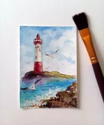 Buy Aceo Original Art Paintings Seascape Lighthouse Blue Waves Seagulls 2.5 X 3.5 In • 12.40£